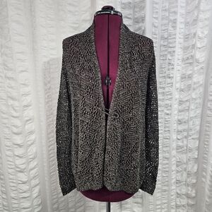 Eileen Fisher Cotton Linen Blend Open-Front Metallic Open Knit Cardigan Pin Clip